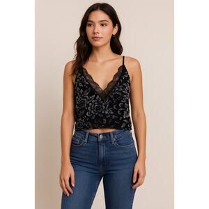 Millau Burnout Velvet & Lace Cami Y2K Top Black Floral Witchy Whimsigoth (XS)